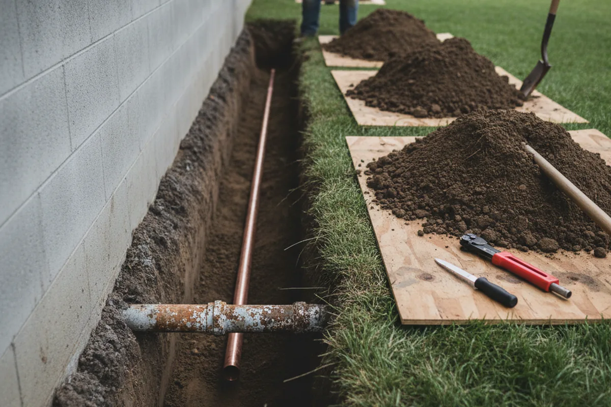 Excavated water line trench during Sewer Line Repair in Glen Echo